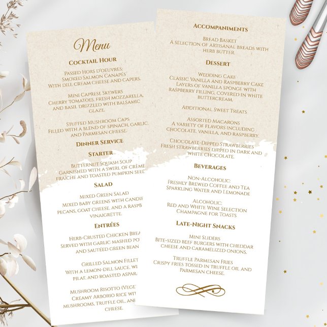 Menú de Boda con Letra Dorada Elegante (elegant gold script wedding menu)