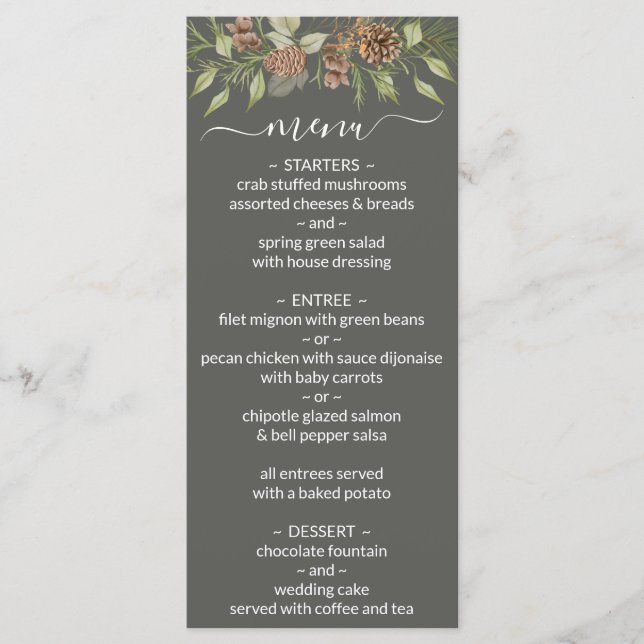 Menú de Boda con Letra Elegante Gris Invierno (Anverso)