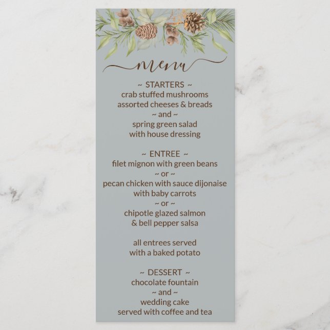 Menú de Boda con Letra Elegante Gris Invierno (Anverso)