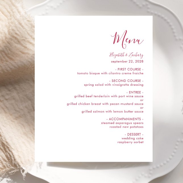 Menú de boda con letra magenta moderna presupuesta (Subido por el creador)