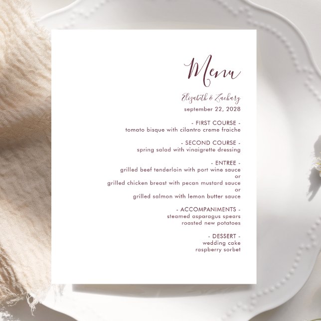 Menú de Boda con Letra Moderna Burgundy (Subido por el creador)