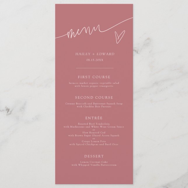 Menú de Boda con Letra Moderna Rosa Claro (Anverso)