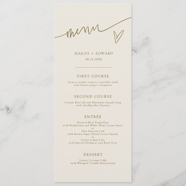 Menú de Boda con Letra Script Moderna en Crema (Anverso)