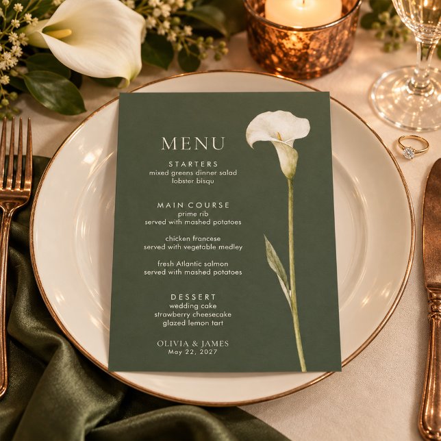 Menú de Boda con Lirios de Calla Verde Oliva (Olive Green Calla Lily Wedding Menu)
