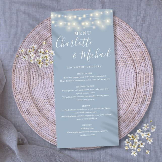 Menú de Boda con Luces de Cuerda Azul Polvoriento  (Dusty Blue String Lights Signature Wedding Menu)