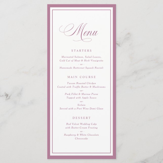 Menú de Boda con Marco de Mauve Clásico Elegante (Anverso)