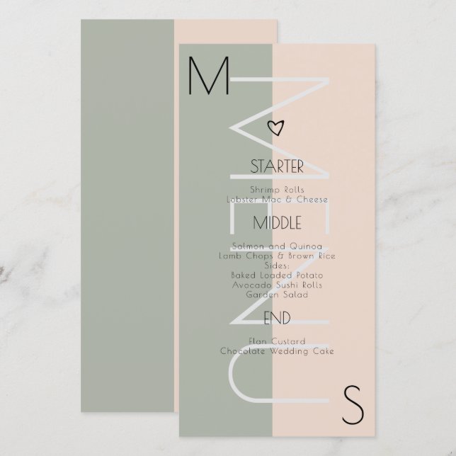 Menú de boda con monograma Corazón Verde Salvia Ro (Anverso / Reverso)