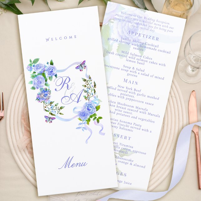 Menú de Boda con Monograma de Cinta de Rosa Azul (Blue Rose Ribbon Monogram Wedding Menu)