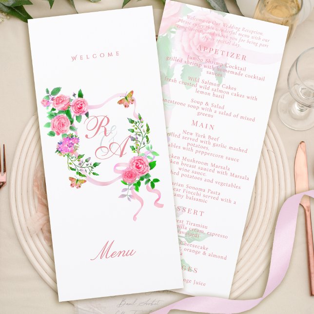 Menú de Boda con Monograma de Cinta de Rosa Rosa (Pink Rose Ribbon Monogram Wedding Menu)