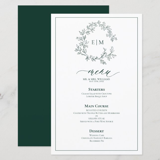Menú de Boda con Monograma de Hoja Verde Esmeralda (Anverso / Reverso)