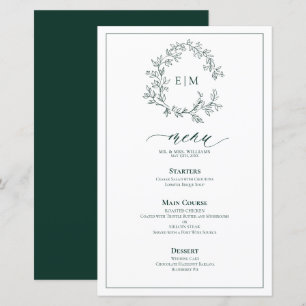 Menú de Boda con Monograma de Hoja Verde Esmeralda