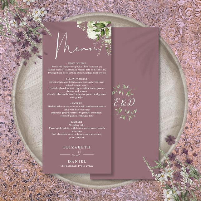 Menú de boda con monograma de vegetación floral ma (Mauve Floral Greenery Monogram Wedding Dinner Menu)