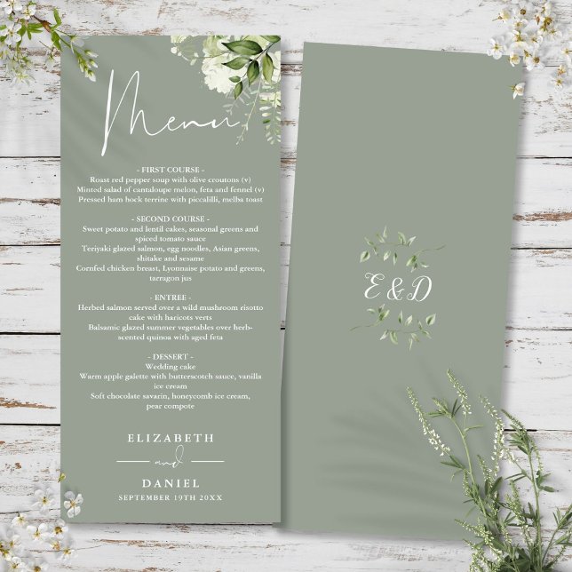Menú de boda con monograma de verde salvia floral (Sage Green Floral Greenery Monogram Wedding Dinner Menu)