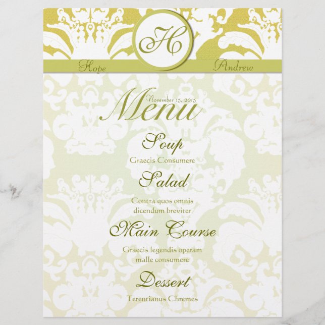 Menú de Boda con Monograma en Damasco de Lima y Or (Anverso)