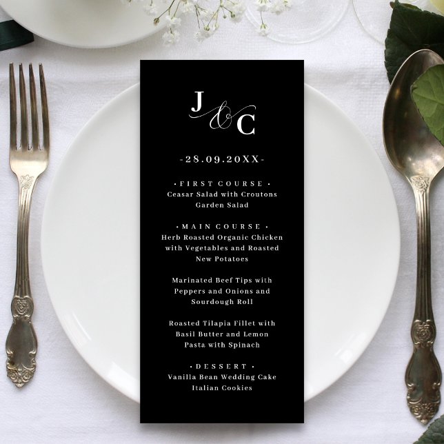Menú de Boda con Monograma y Ampersand (Ampersand monogram wedding menus add refined elegance while showcasing your meal details.)