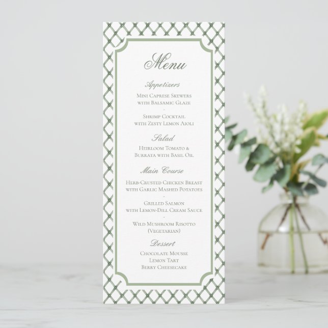 Menú de Boda con Patrón de Celosía Verde Clásico (Anverso de pie)