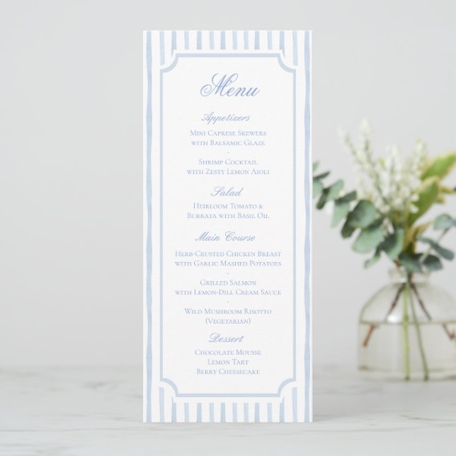 Menú de Boda con Rayas de Acuarela Azul (Anverso de pie)