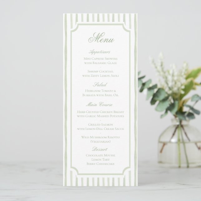 Menú de Boda con Rayas de Acuarela Verde (Anverso de pie)