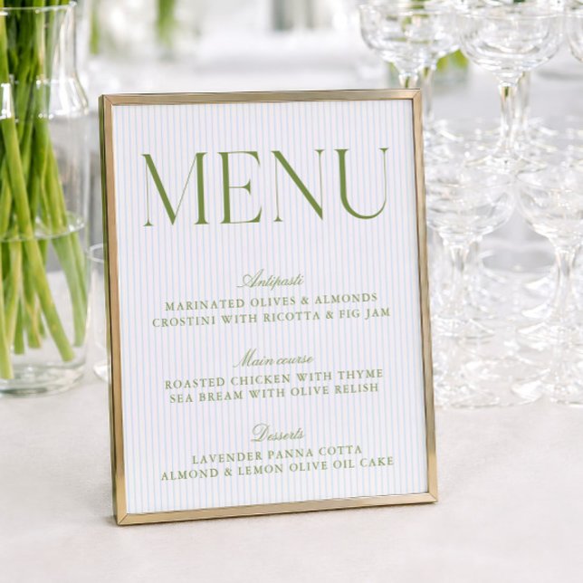 Menú de Boda con Rayas Modernas Verde y Azul Salvi (Modern Sage Green & Blue Stripes Wedding Menu)