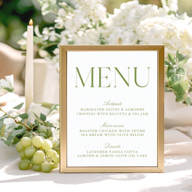 Menú de Boda con Rayas Verde Salvia Moderno y Azul (Modern Sage Green & Soft Blue Stripes Wedding Menu)