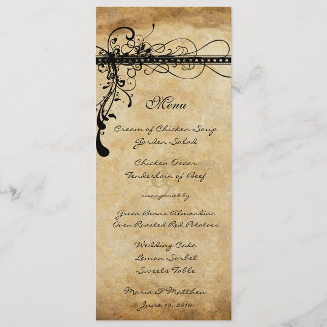 Menú de boda con remolinos elegantes y funky negro (Anverso)