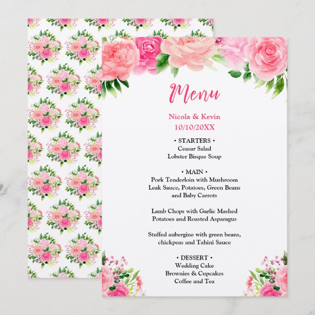 Menú de Boda con Rosas Rosadas y Follaje (Anverso / Reverso)