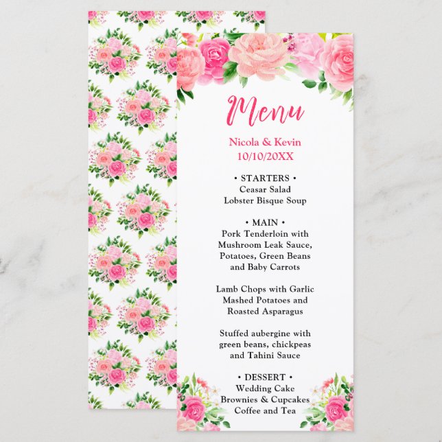 Menú de Boda con Rosas Rosadas y Follaje (Anverso / Reverso)