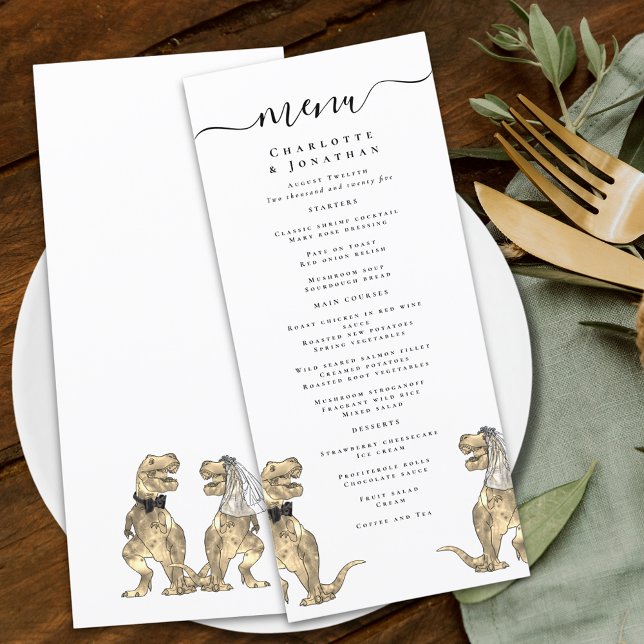 Menú de Boda con Tema de Dinosaurios (Dinosaur theme wedding menu funny T-Rex bride and groom dino elegant modern script)