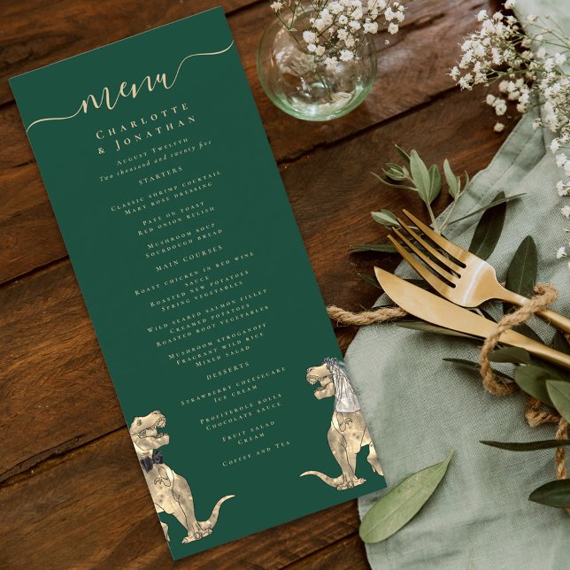 Menú de Boda con Tema de Dinosaurios (dinosaur bride and groom dark green wedding menu watercolor fun Jurassic T-Rex dino)
