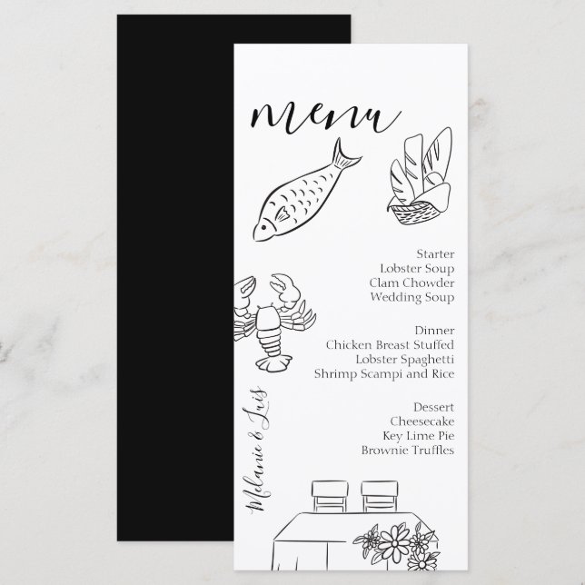 Menú de Boda Corazón Negro Blanco Caprichoso  (Anverso / Reverso)