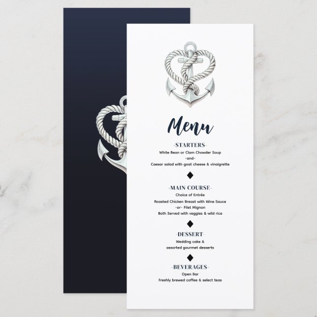 Menú de Boda Costera con Cuerda de Ancla de Corazó (Anverso / Reverso)