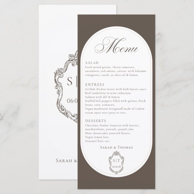 Menú de Boda Creast Mocha Marrón Caligrafía (Anverso / Reverso)