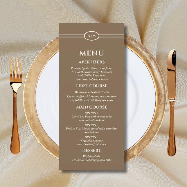 Menú de boda cristiano marrón crema monograma (Subido por el creador)
