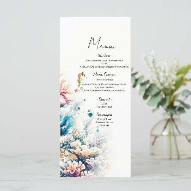 Menú de Boda de Acuarela Coral de Mar Oleada del O (Anverso de pie)