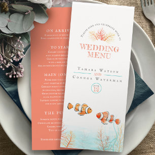 Menú de boda de acuarela de agua de coral tropical
