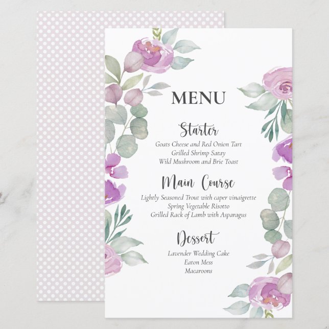 Menú de boda de acuarela floral rústica rosa (Anverso / Reverso)