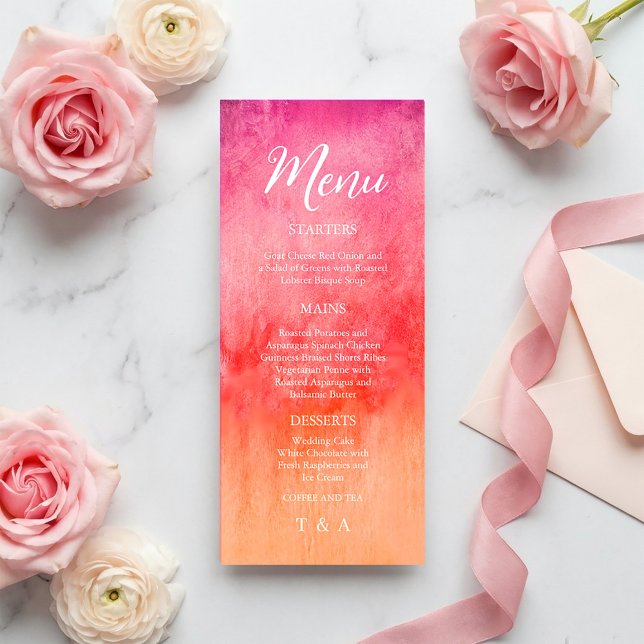 Menú de boda de acuarela rosa y naranja caliente (Watercolor Hot Pink and Orange Wedding Menu #menu #hotpinkandorange #springbloom #dinner #brightmenu)