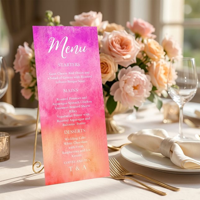 Menú de Boda de Acuarela Rosa y Naranja Caliente (#weddingmenu #weddingmenucard #weddingstationery #luxurywedding #romanticwedding #fineartwedding )