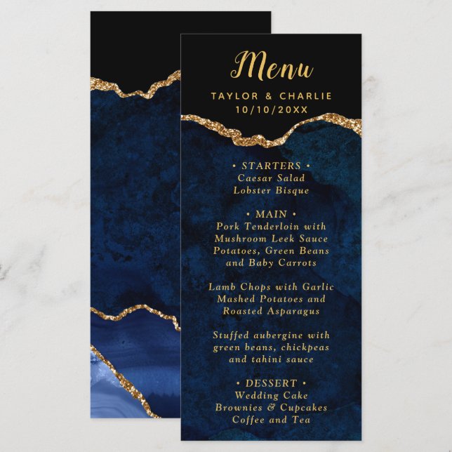 Menú de Boda de Ágata Azul Marino y Dorado (Anverso / Reverso)