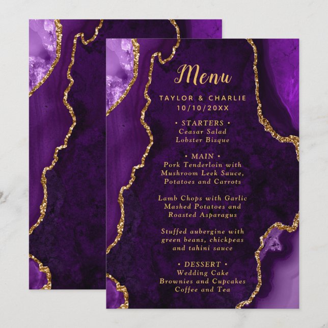 Menú de Boda de Ágata Púrpura y Dorado (Anverso / Reverso)