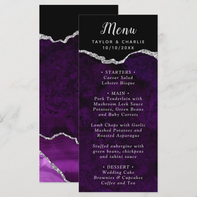 Menú de Boda de Ágata Púrpura y Plateado (Anverso / Reverso)