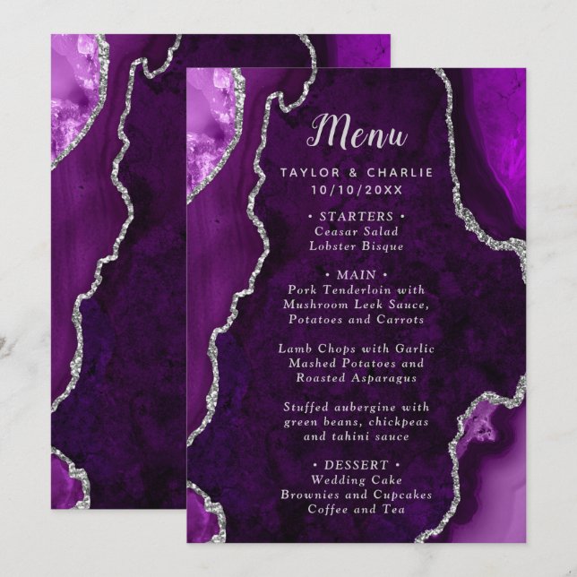 Menú de Boda de Ágata Púrpura y Plateado (Anverso / Reverso)