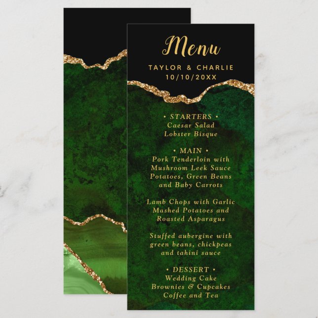Menú de Boda de Ágata Verde y Dorada (Anverso / Reverso)