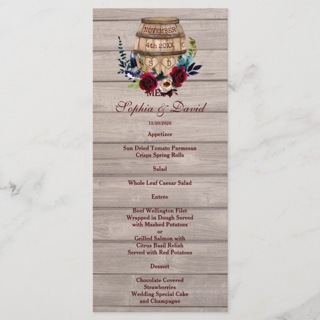 Menú de Boda de Barril de Vino Floral de Borgoña (Anverso)