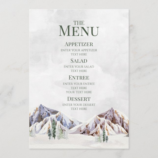 Menú de Boda de Bosque de Montaña Invernal Rústico (Anverso)