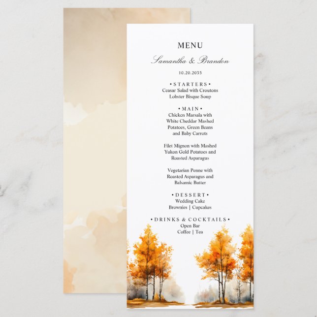 Menú de boda de bosque otoñal, bosque de otoño (Anverso / Reverso)