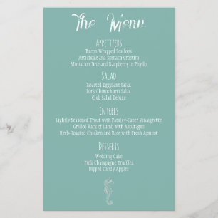 Menú de boda de caballito de mar de vidrio de mar