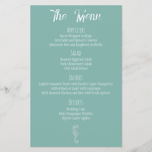 Menú de boda de caballito de mar de vidrio de mar  (Frente)
