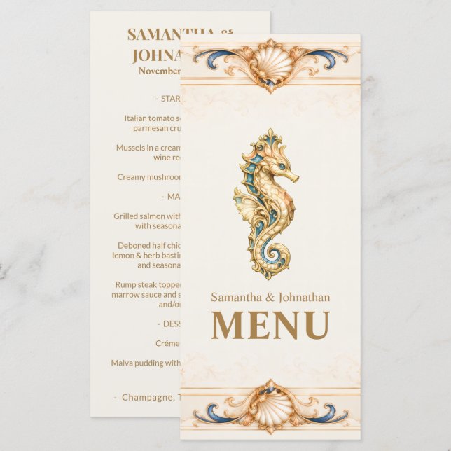 Menú de Boda de Caballito de Mar Elegante Náutico  (Anverso / Reverso)