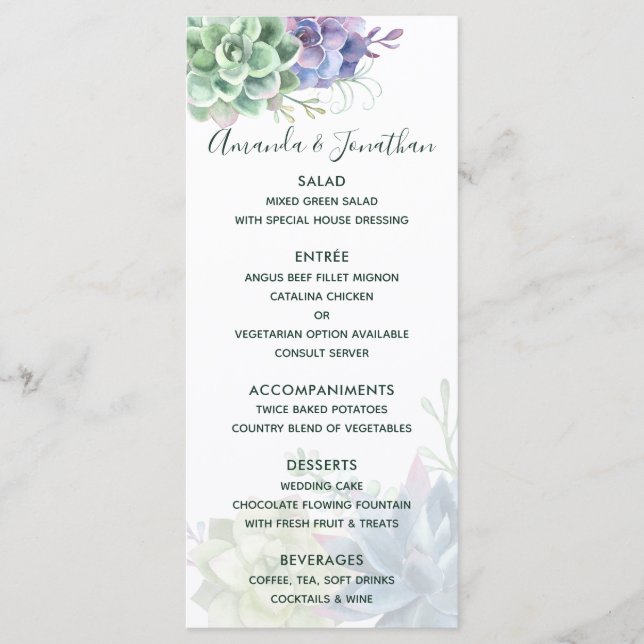 Menú de Boda de Cactus Suculentos Acuarela (Anverso)